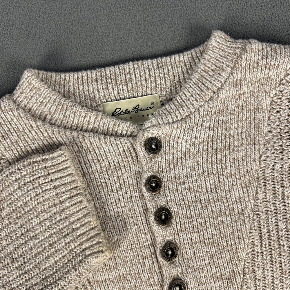 Eddie Bauer Sweater Mens XLT Beige Brown Henley Heavyweight Knit Vintage USA